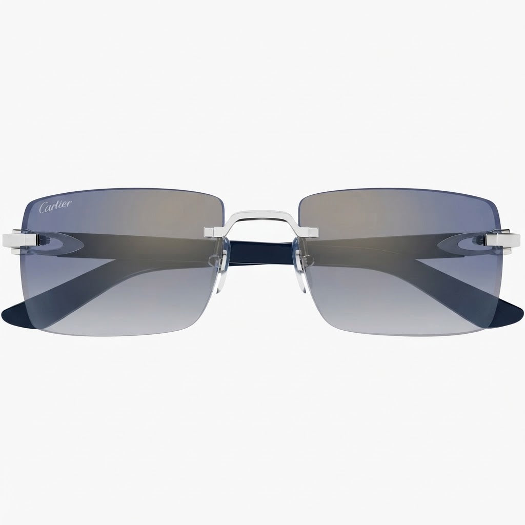 Cartier Signature Men Rimless Square Silver Blue Sunglasses
