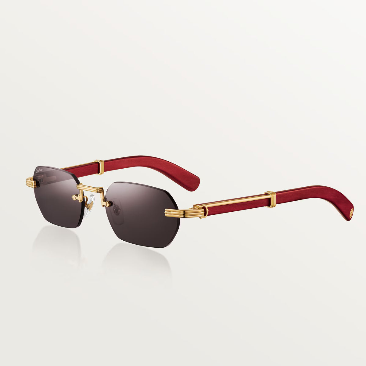 Cartier Première de Unisex Rimless Rectangular Red Wood Temples & Grey Sunglasses