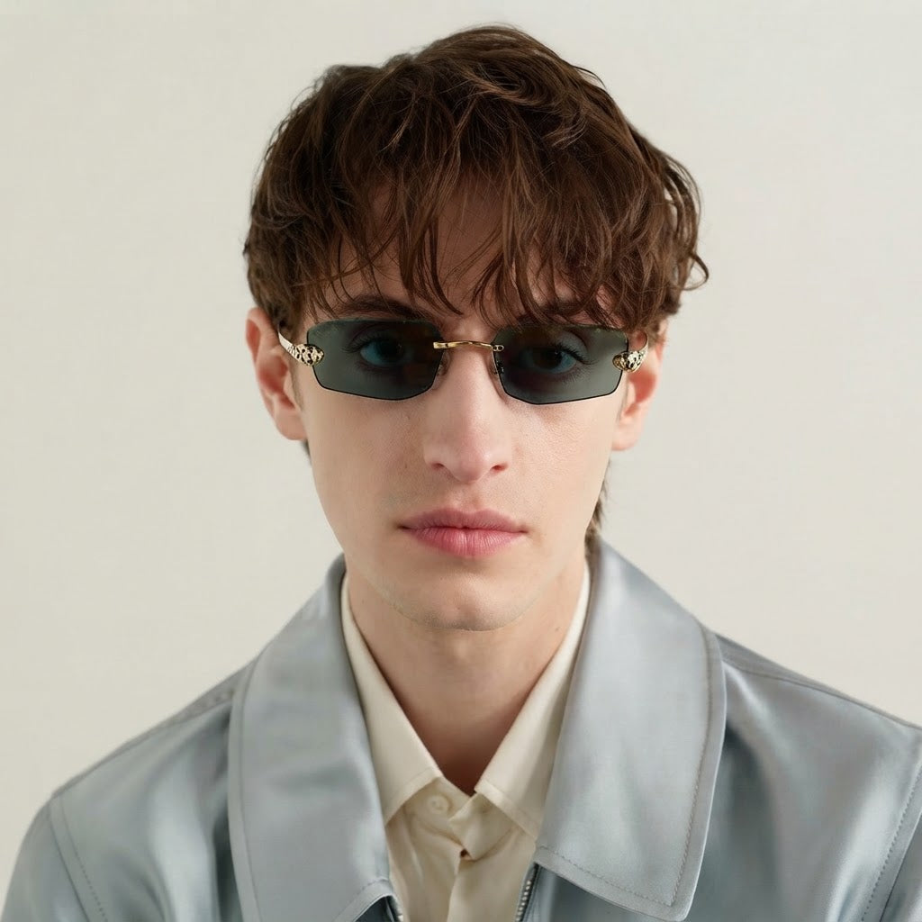 Cartier Panthère de Cartier Unisex Rimless Rectangular Gold / Green Sunglasses