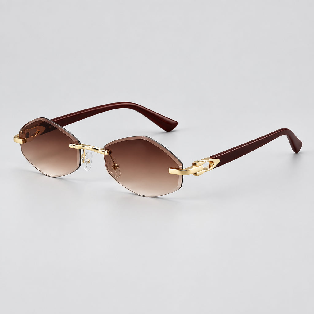 Cartier Women's Rimless Hexagonal Burgundy Wood Temples Brown Gradient Sunglasses