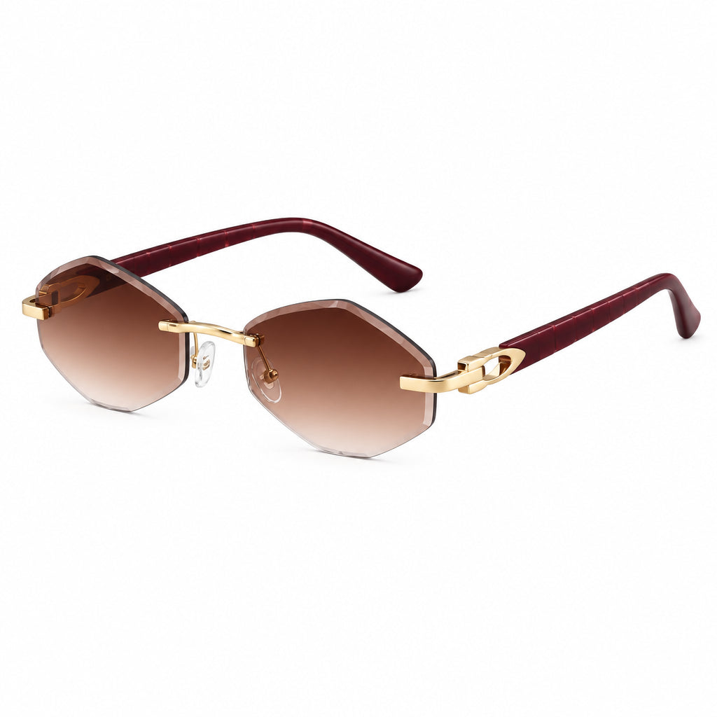 Cartier Women's Rimless Hexagonal Burgundy Wood Temples Brown Gradient Sunglasses