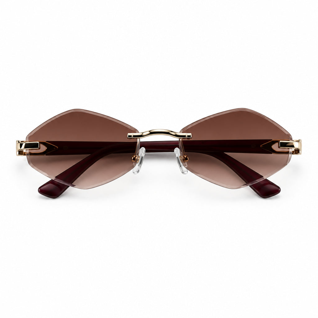 Cartier Women's Rimless Hexagonal Burgundy Wood Temples Brown Gradient Sunglasses