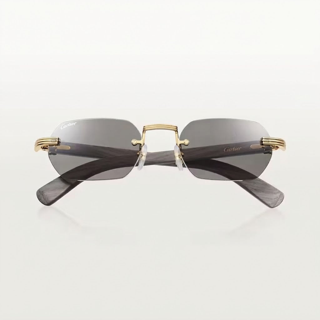  Cartier Première de Rimless Rectangular Grey Wood Temples & Light Grey Sunglasses