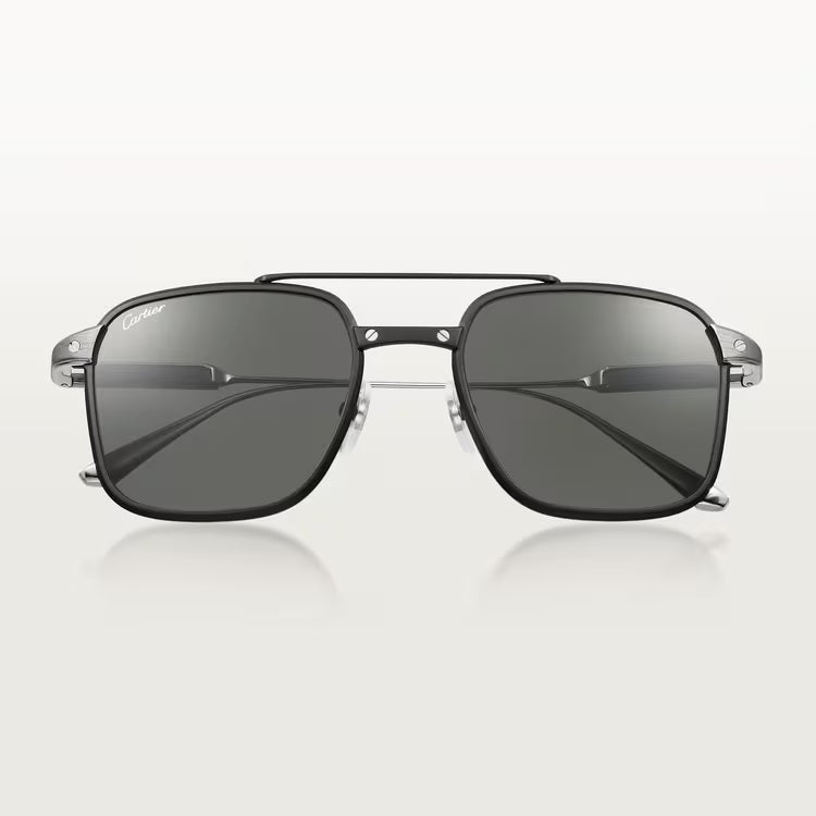 Cartier Santos De Men Pilot Brushed Silver Polarized Black Sunglasses