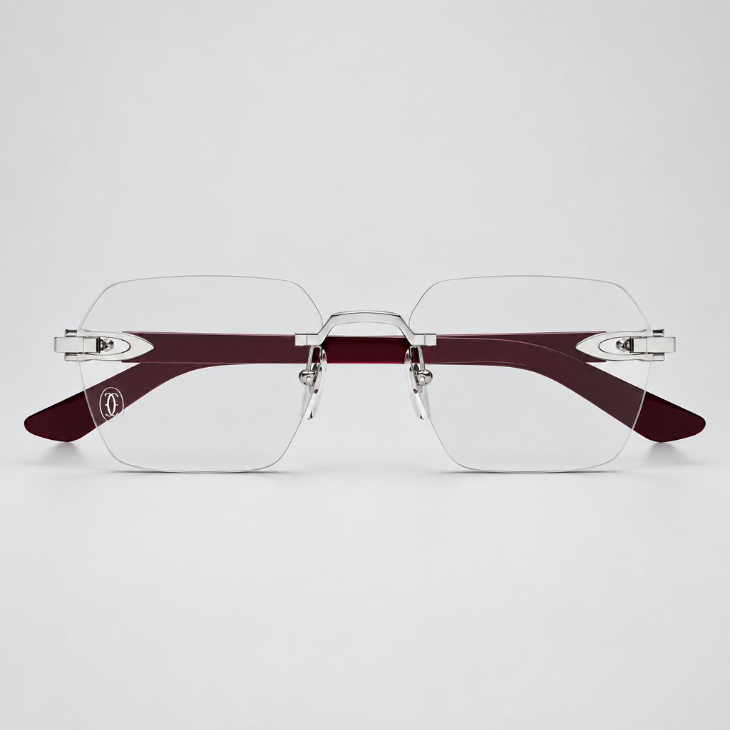 Signature C de Cartier Rimless Rectangular Burgundy Wood Temples and Clear Eyeglasses