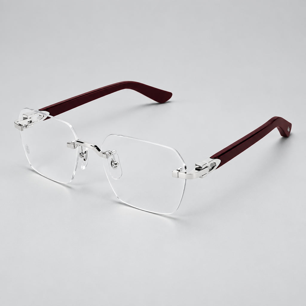 Cartier Signature C de Men Rimless Rectangular Burgundy Wood Temples and Clear Eyeglasses