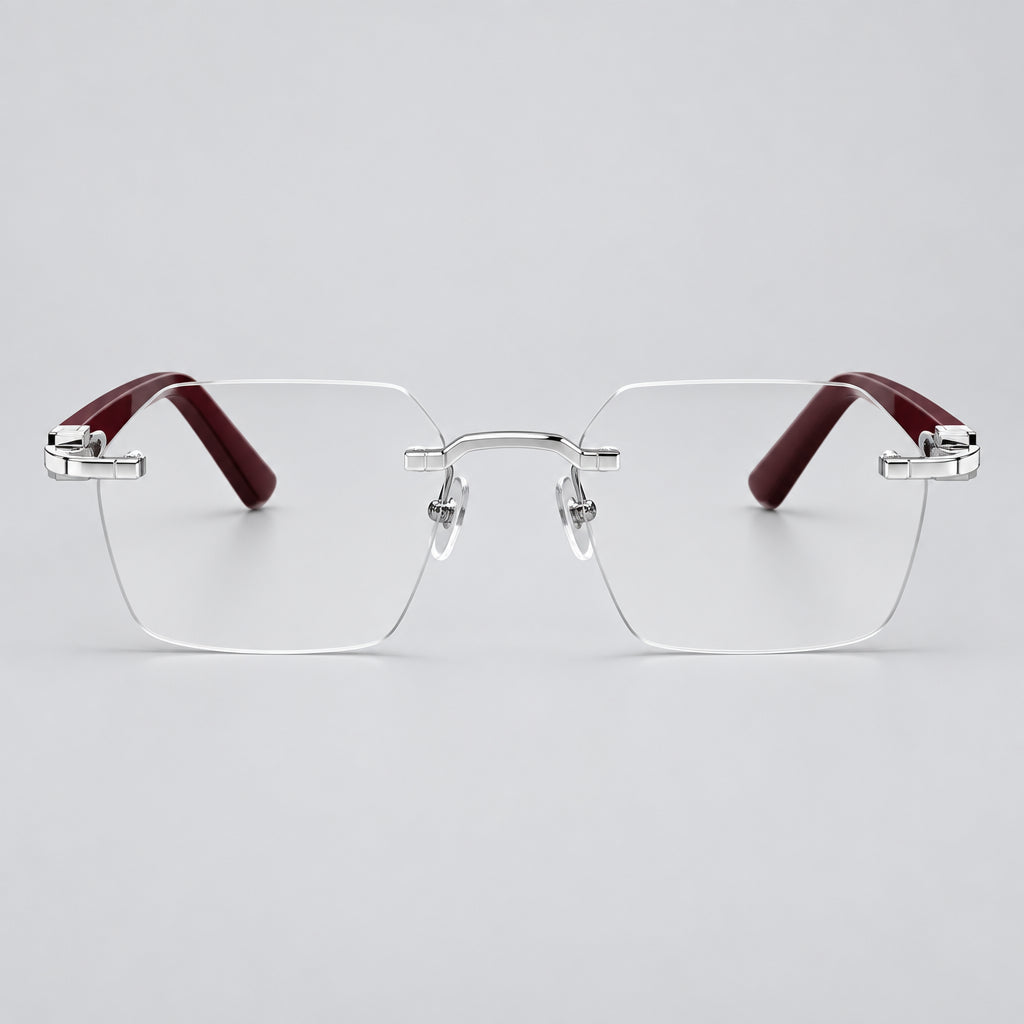 Cartier Signature C de Rimless Rectangular Burgundy Wood Temples and Clear Eyeglasses