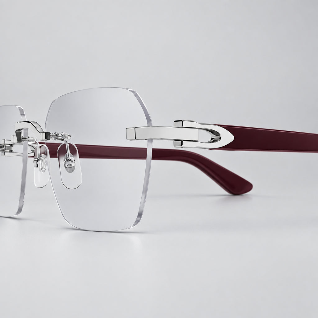 Cartier Signature C de Men Rimless Rectangular Burgundy Wood Temples and Clear Eyeglasses