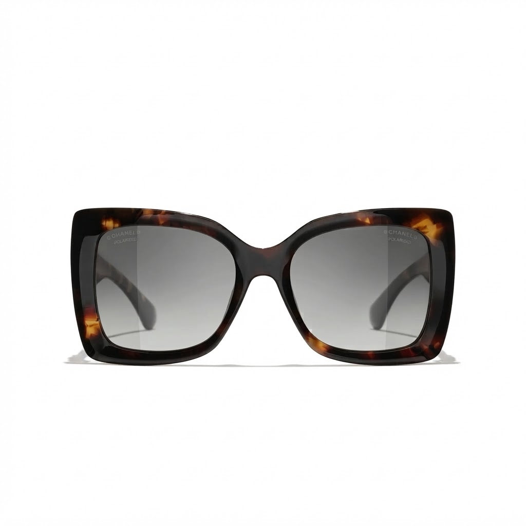 Chanel Women Square Dark Tortoise & Grey Polarized Sunglasses