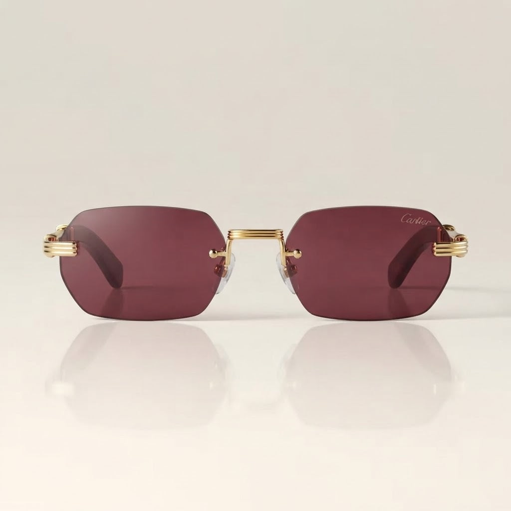 Cartier Première de Rimless Rectangular Burgundy Wood Temples & Burgundy Sunglasses