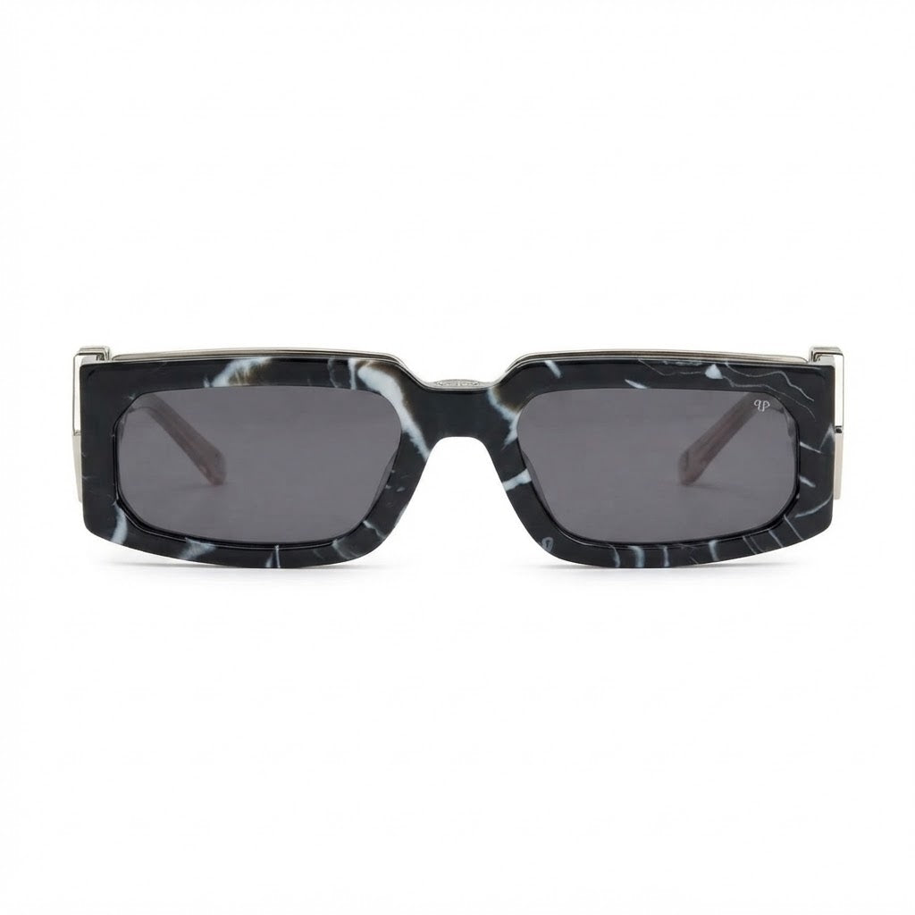 Philipp Plein SPP119M Unisex Black & White Marble with Silver-Tone Square Sunglasses