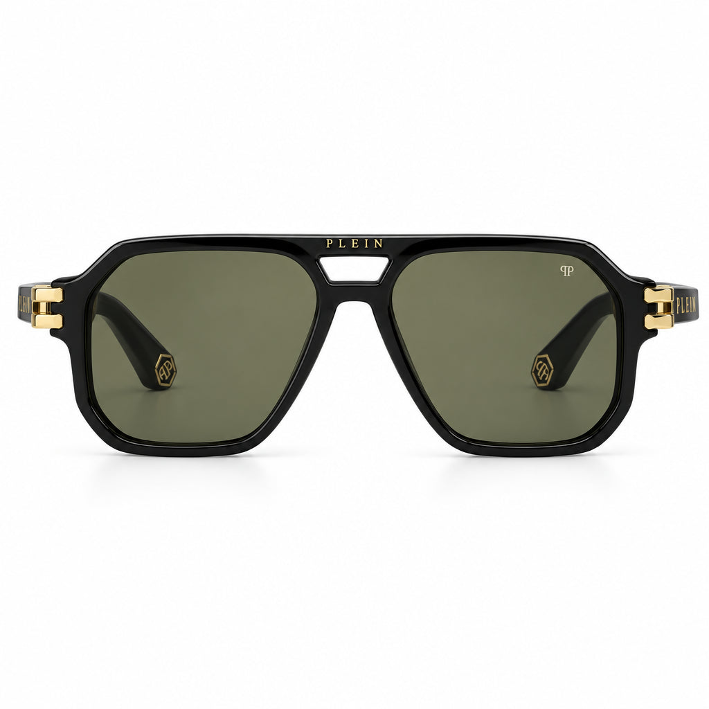 Philipp Plein VPP148M Unisex Black Navigator Dark Green Sunglasses