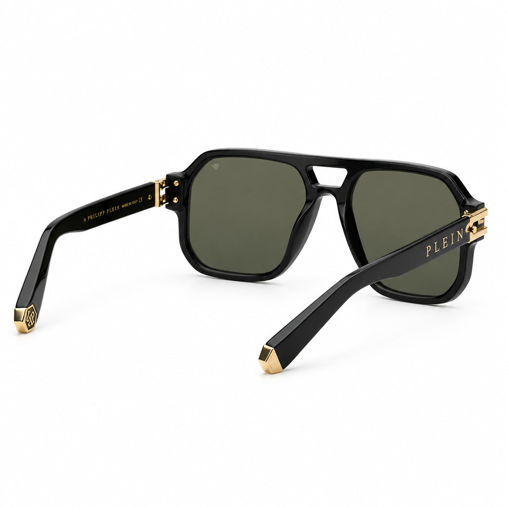 Philipp Plein VPP148M Unisex Black Navigator Dark Green Sunglasses