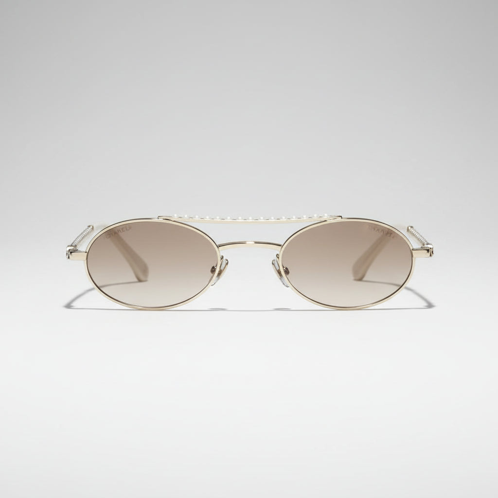Chanel Oval Metal & Imitation Pearl Gold & Brown Gradient Sunglasses