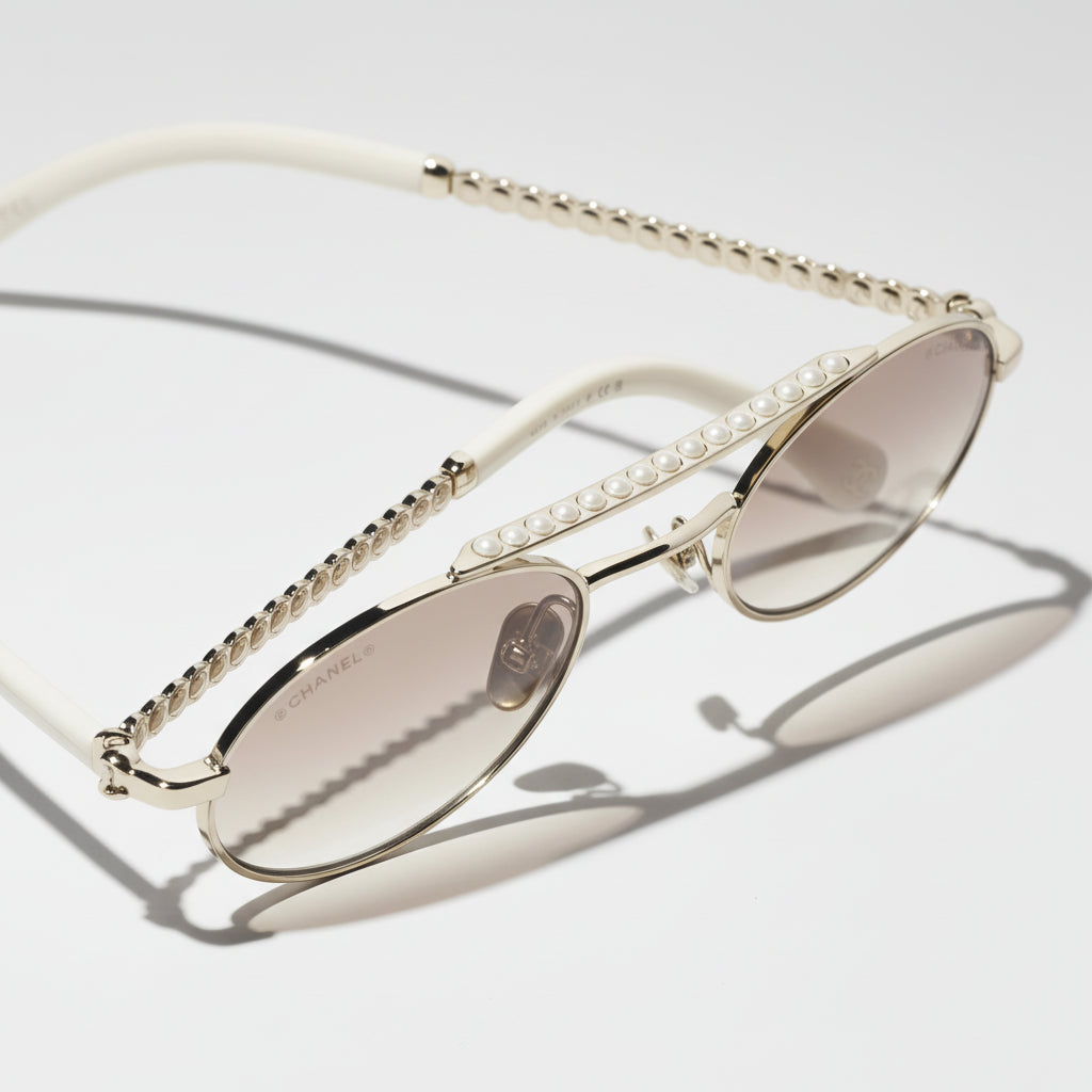 Chanel Oval Metal & Imitation Pearl Gold & Brown Gradient Sunglasses