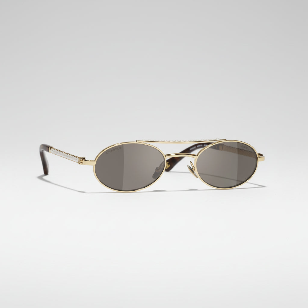 Chanel Oval Metal & Imitation Pearl Gold & Grey Sunglasses
