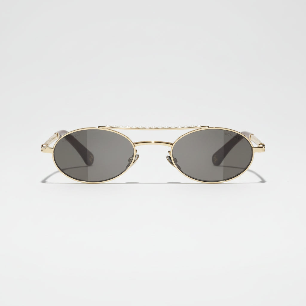 Chanel Oval Metal & Imitation Pearl Gold & Grey Sunglasses
