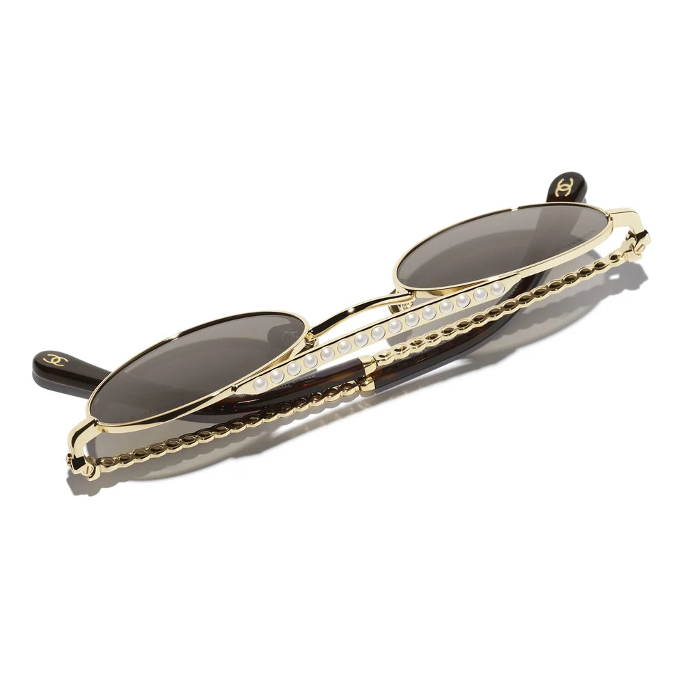 Chanel Oval Metal & Imitation Pearl Gold & Grey Sunglasses