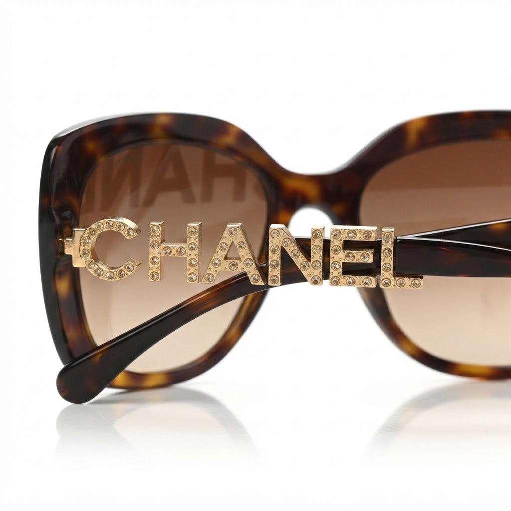 Chanel Women Acetate Strass Polarized Square Gold Stone Logo Sunglasses