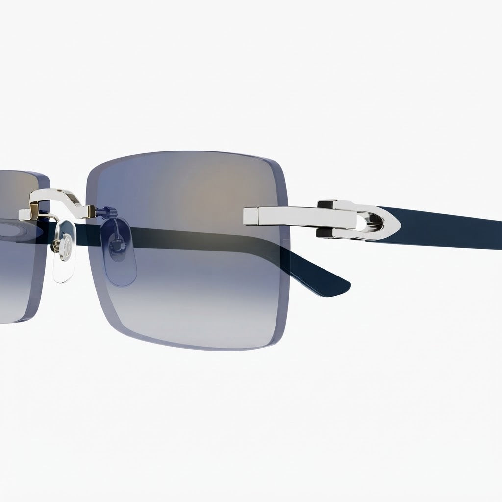 Cartier Signature Men Rimless Square Silver Blue Sunglasses