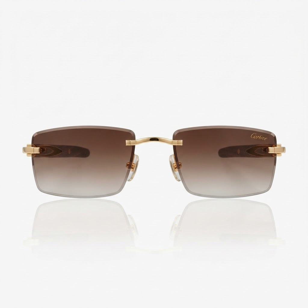  Cartier Décor C de Men Rimless Gold-Yellow Wood Temples Brown Sunglasses
