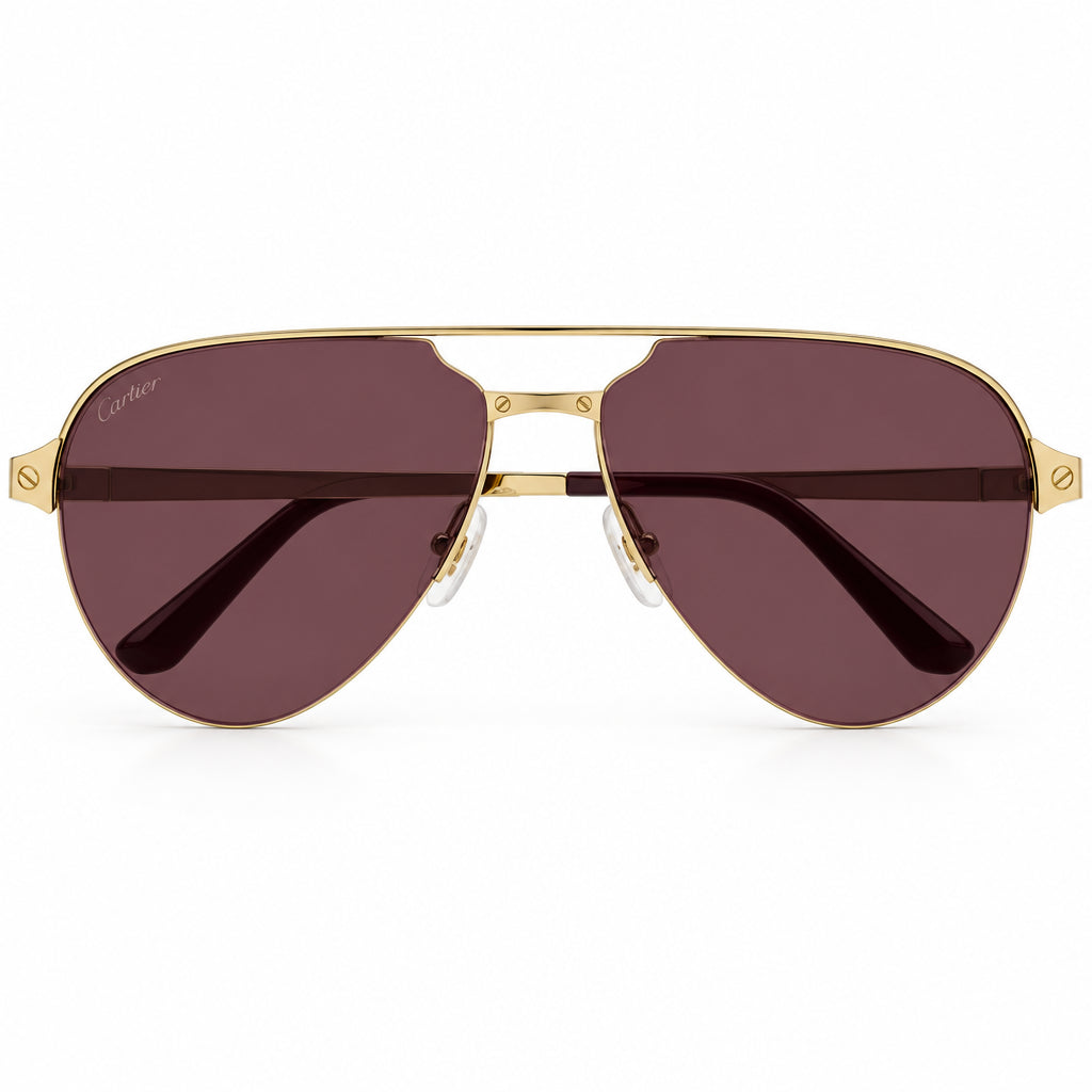 Cartier Santos De Men Pilot Brushed Gold Polarized Burgundy Sunglasses