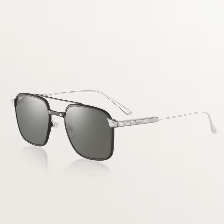 Cartier Santos De Men Pilot Brushed Silver Polarized Black Sunglasses