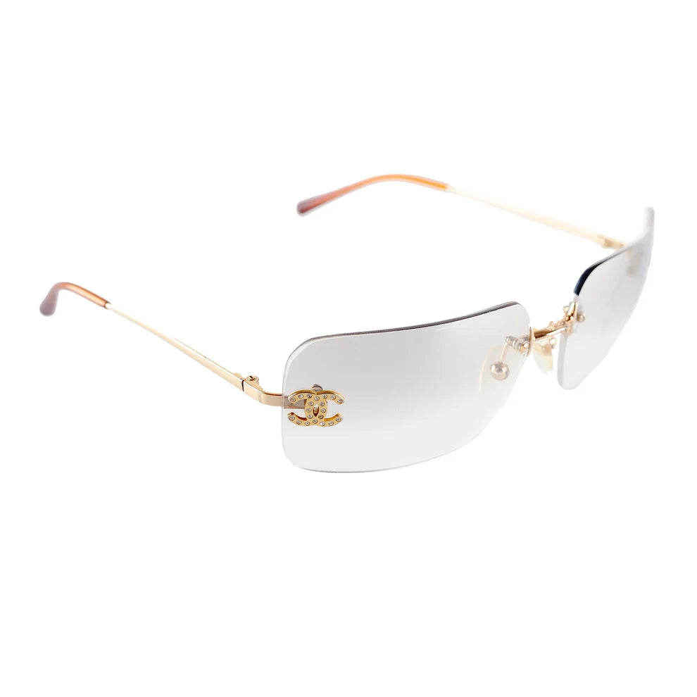 Chanel Unisex Coco Mark Clear Rhinestone Rimless Silver Sunglasses
