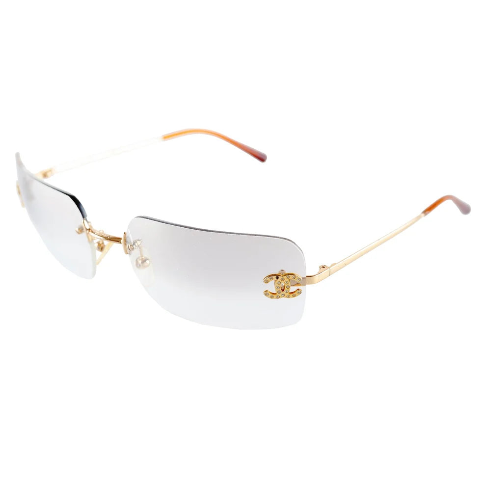 Chanel Unisex Coco Mark Clear Rhinestone Rimless Silver Sunglasses