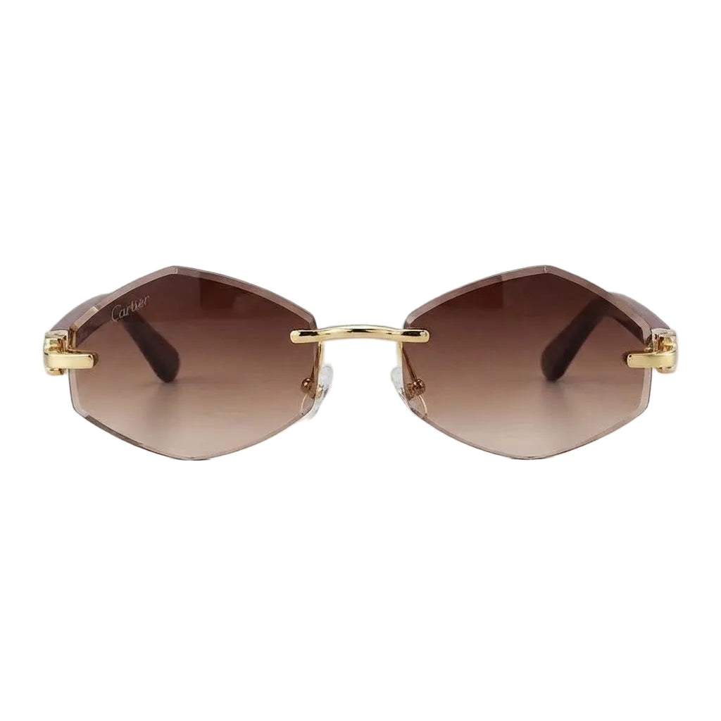Cartier Women's Rimless Hexagonal Burgundy Wood Temples Brown Gradient Sunglasses
