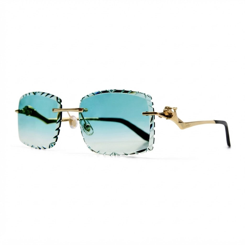 Cartier Panthère de Unisex Rimless Rectangular Aqua Gradient Split Diamond Cut Sunglasses