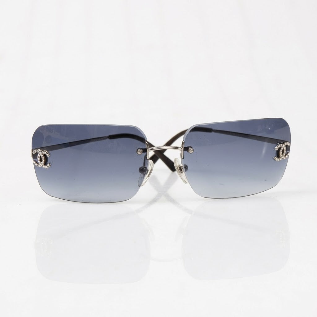 Chanel Coco Rhinestone Rimless Light Blue Sunglasses