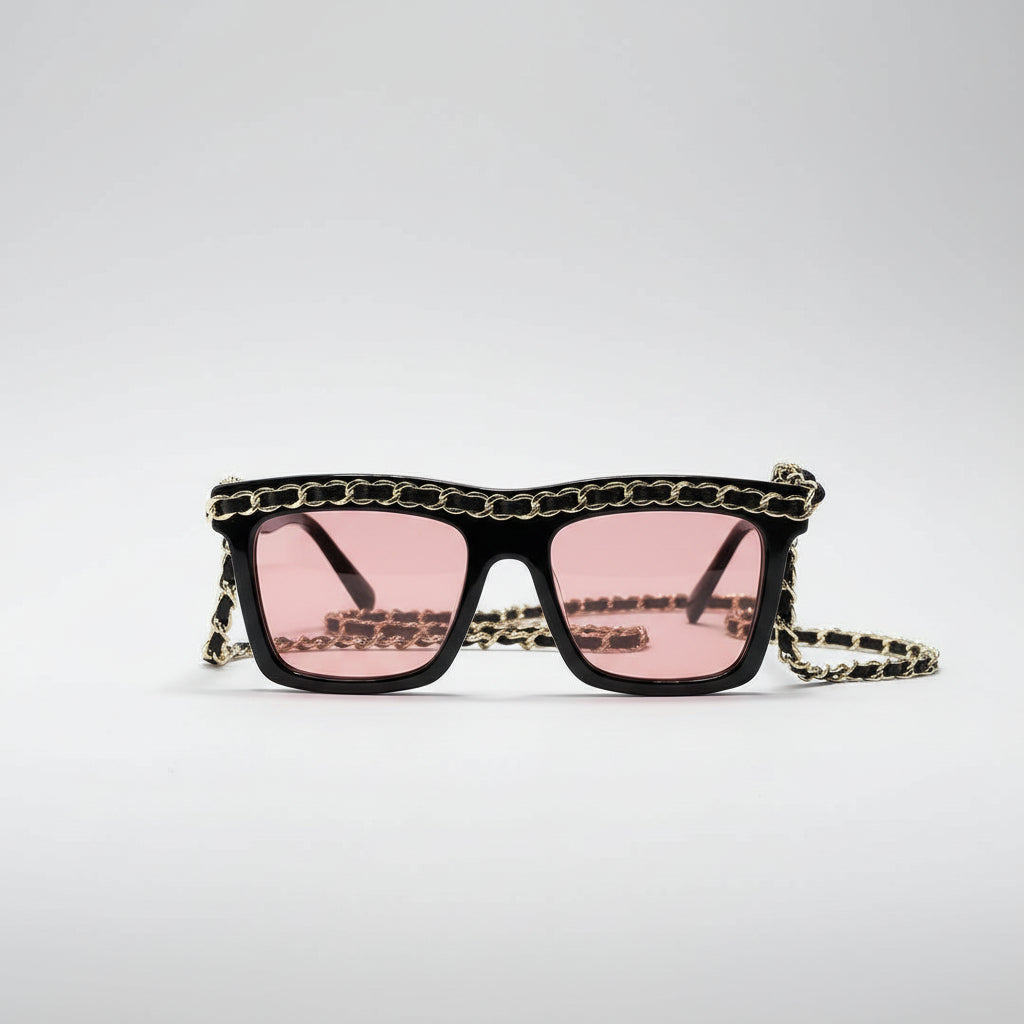 Chanel Women Rectangle Calfskin Chain Black Pink Sunglasses