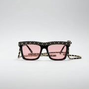 Chanel Women Rectangle Calfskin Chain Black Pink Sunglasses