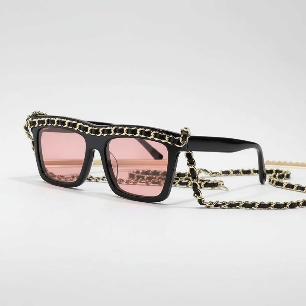 Chanel Women Rectangle Calfskin Chain Black Pink Sunglasses