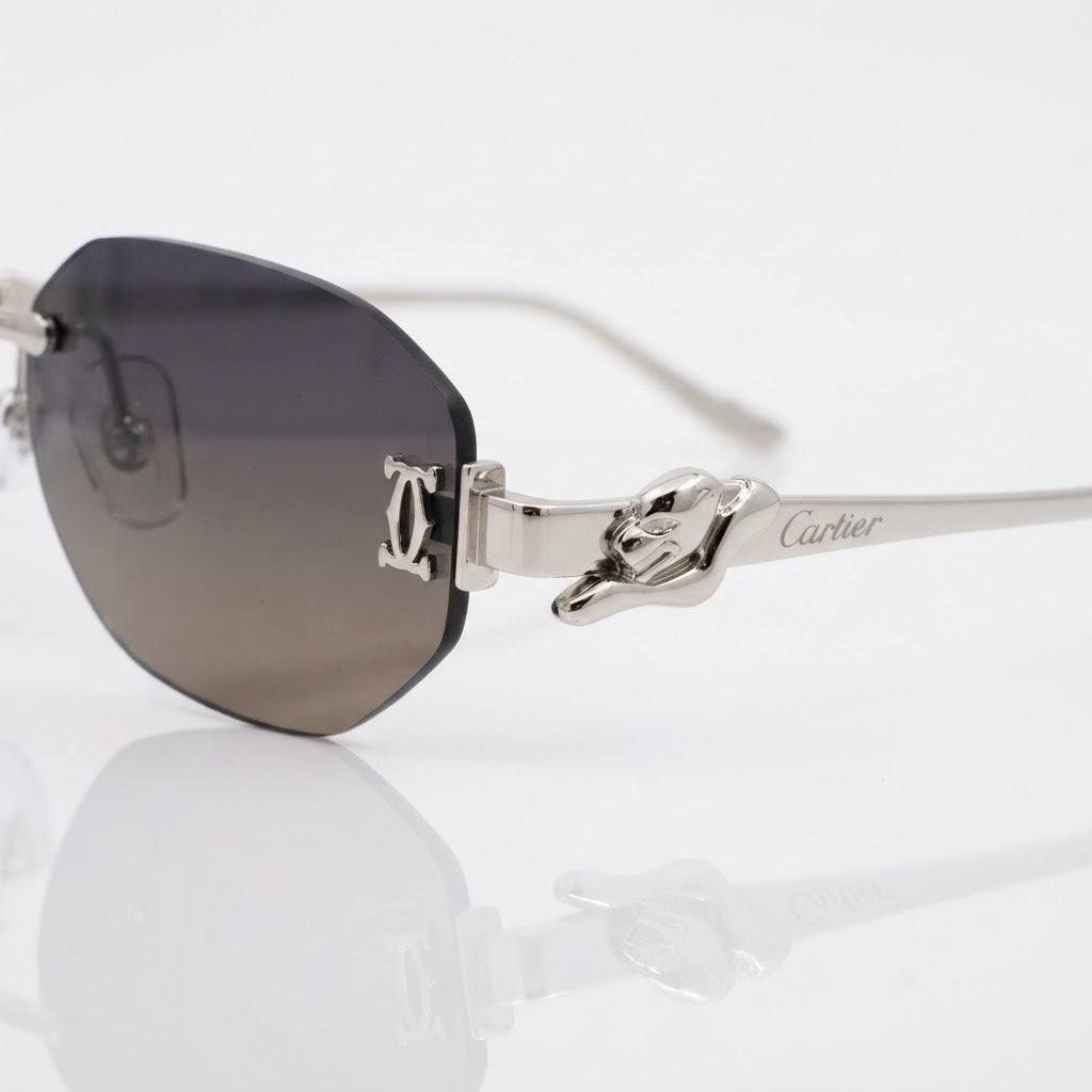 Cartier Panthère de Unisex Rimless Hexagonal Silver Finish Grey Gradient Sunglasses