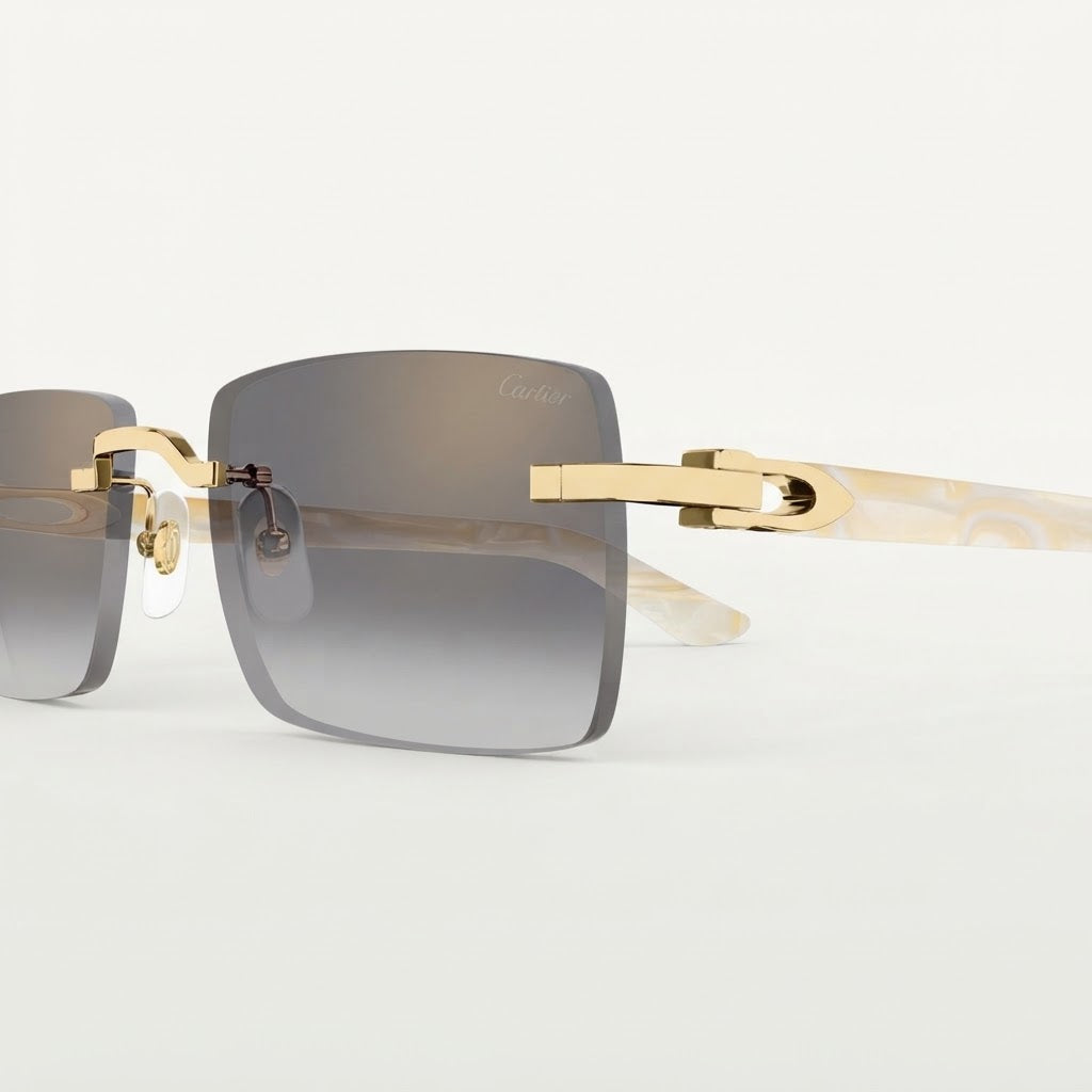 Cartier Signature Unisex Rimless Square Ivory Silk Pearl/Grey Sunglasses