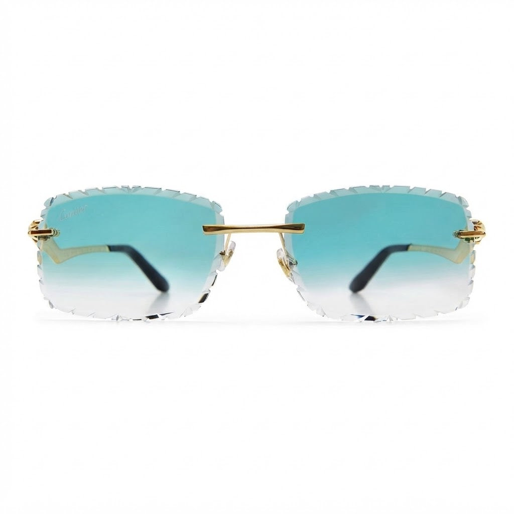 Cartier Panthère de Unisex Rimless Rectangular Aqua Gradient Split Diamond Cut Sunglasses 