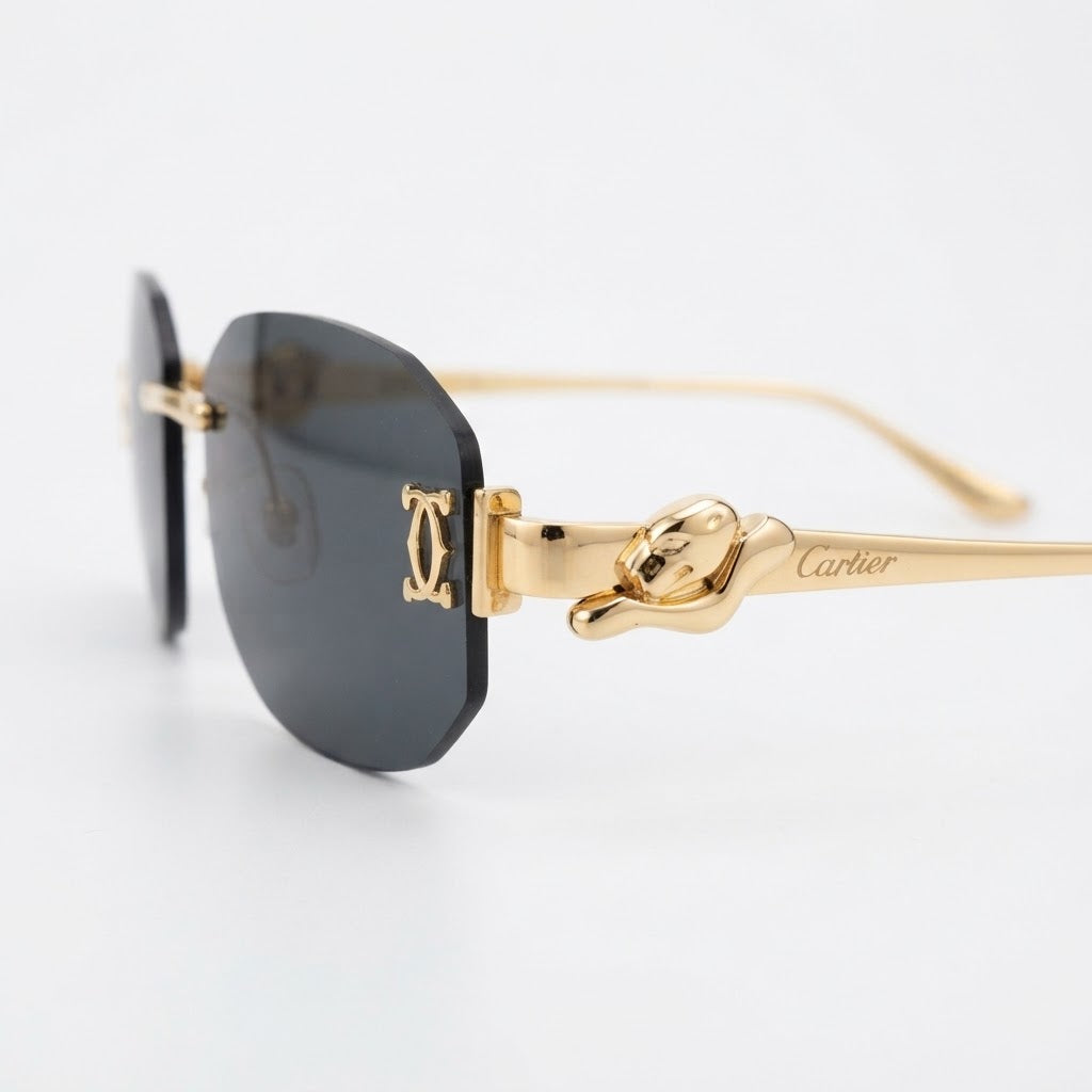 Cartier Panthère de Unisex Rimless Hexagonal Gold Finish Black  Sunglasses