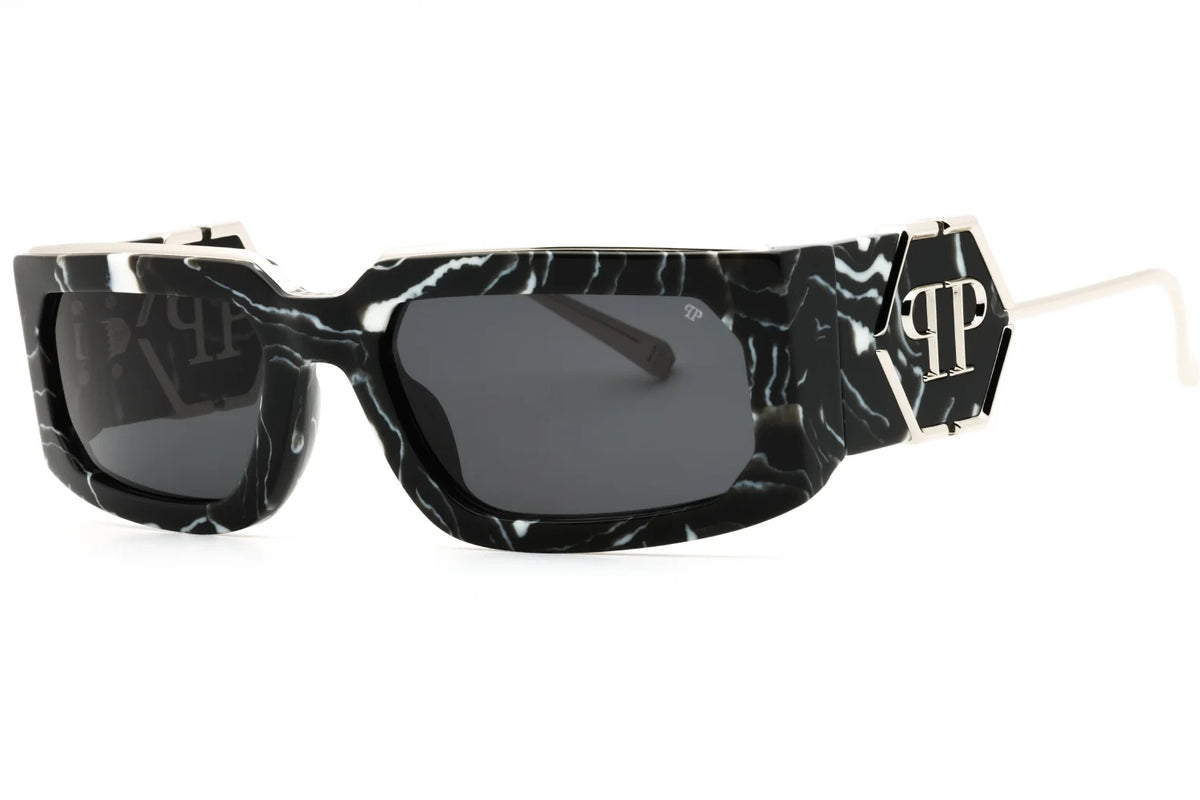 Philipp Plein SPP119M Unisex Black & White Marble with Silver-Tone Square Sunglasses