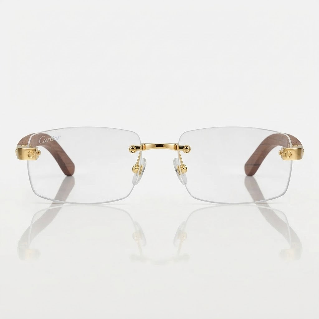 Cartier Men Rimless Gold Brown Frame Transparent Sunglasses