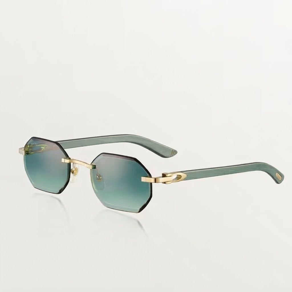 Cartier Allongé de Motif Men Rimless Green Wood Temples Green Sunglasses