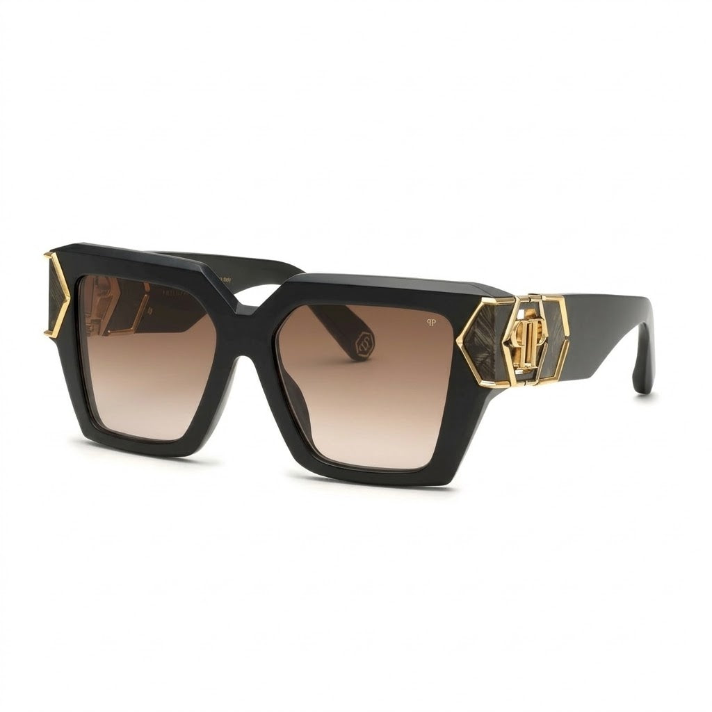 Philipp Plein Women Matte Black Hexagon Logo Square Sunglasses