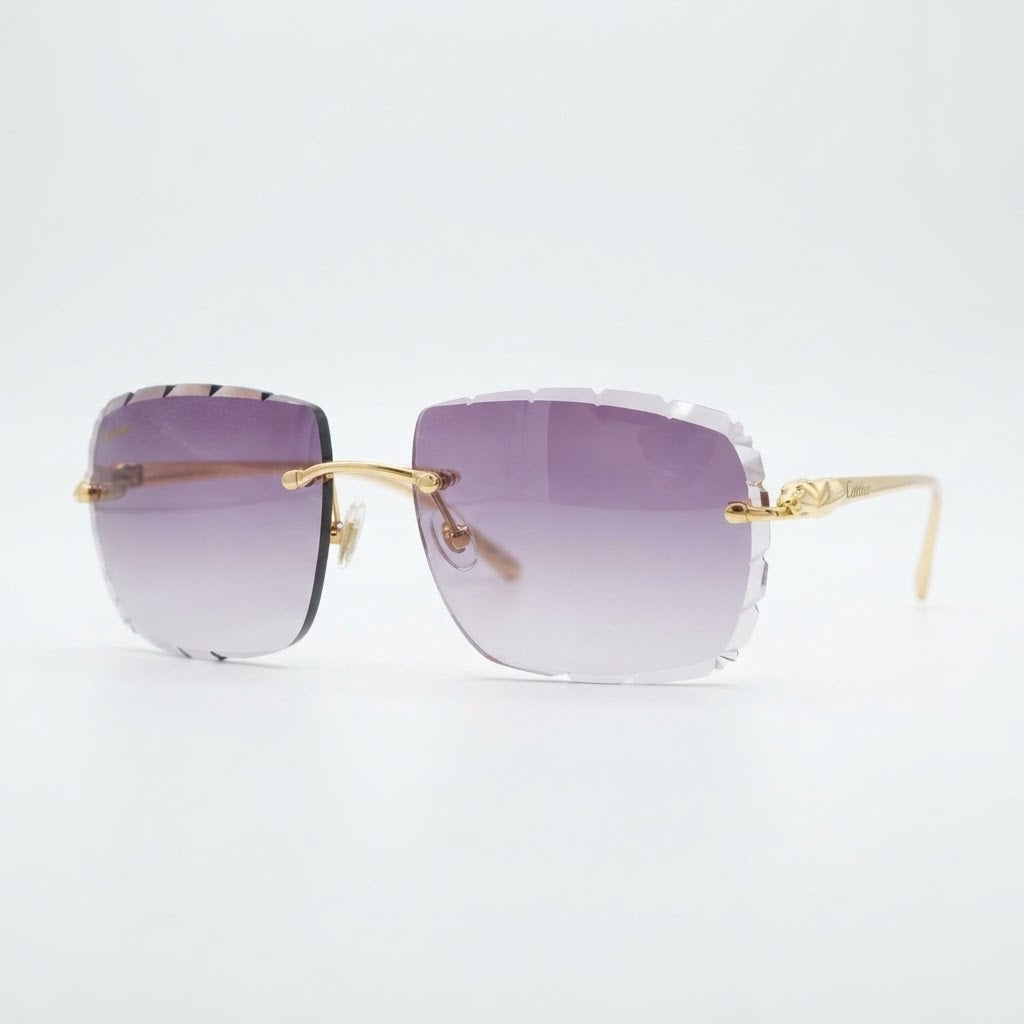 Cartier Panthère de Unisex Rimless Purple Gradient Lens Split Diamond Cut Sunglasses