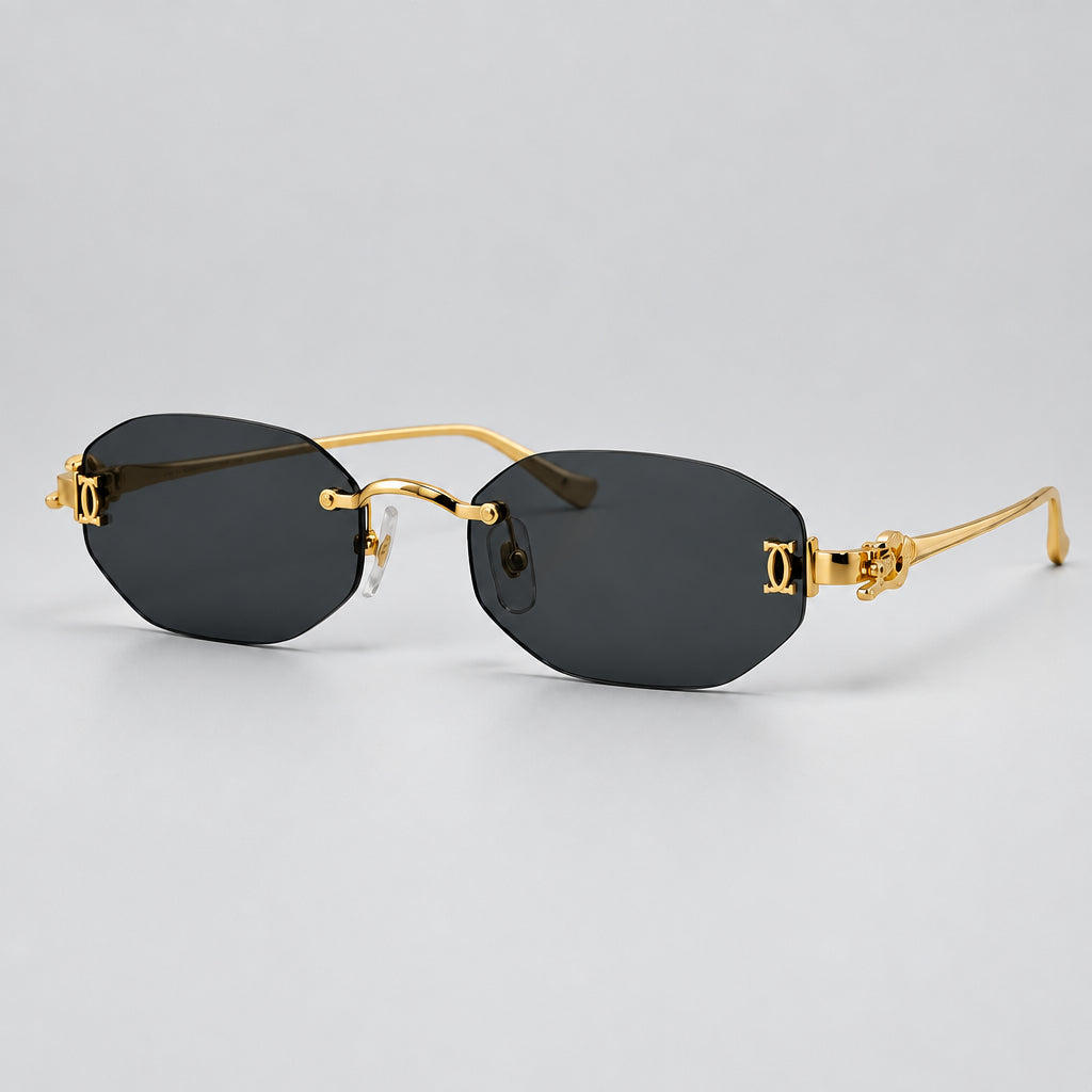 Cartier Panthère de Unisex Rimless Hexagonal Gold Finish Black  Sunglasses