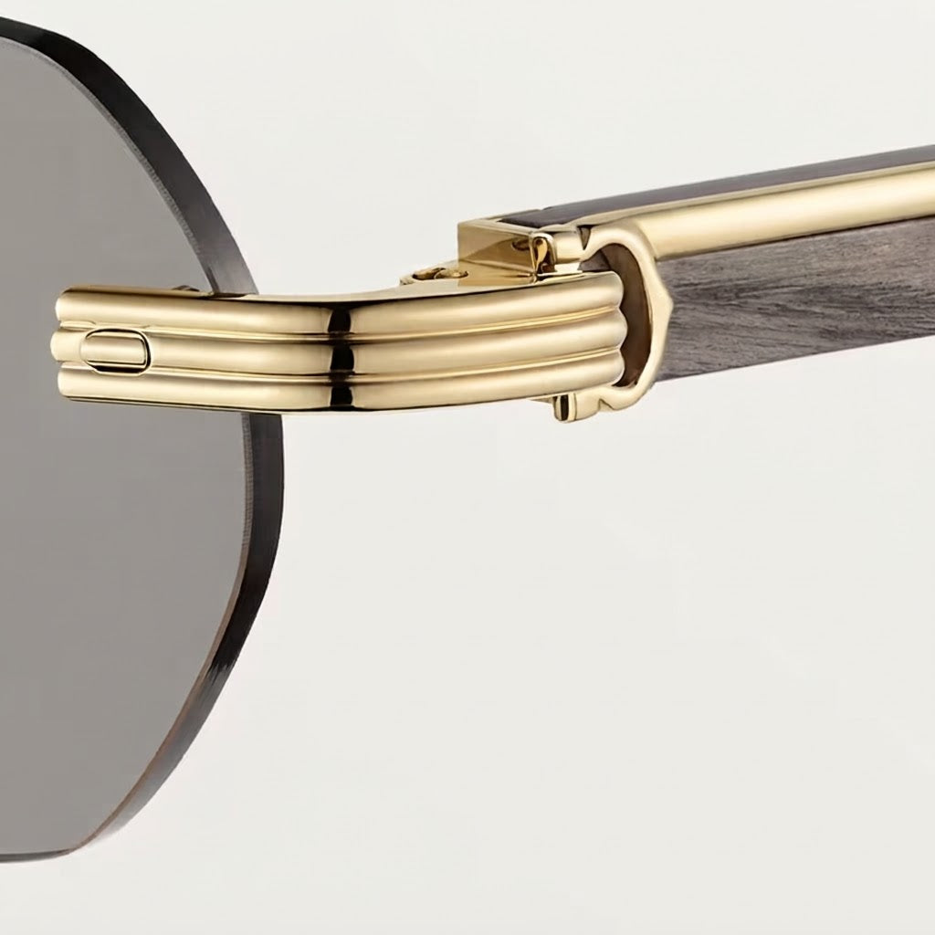 Cartier Première de Men Rimless Rectangular Grey Wood Temples & Light Grey Sunglasses