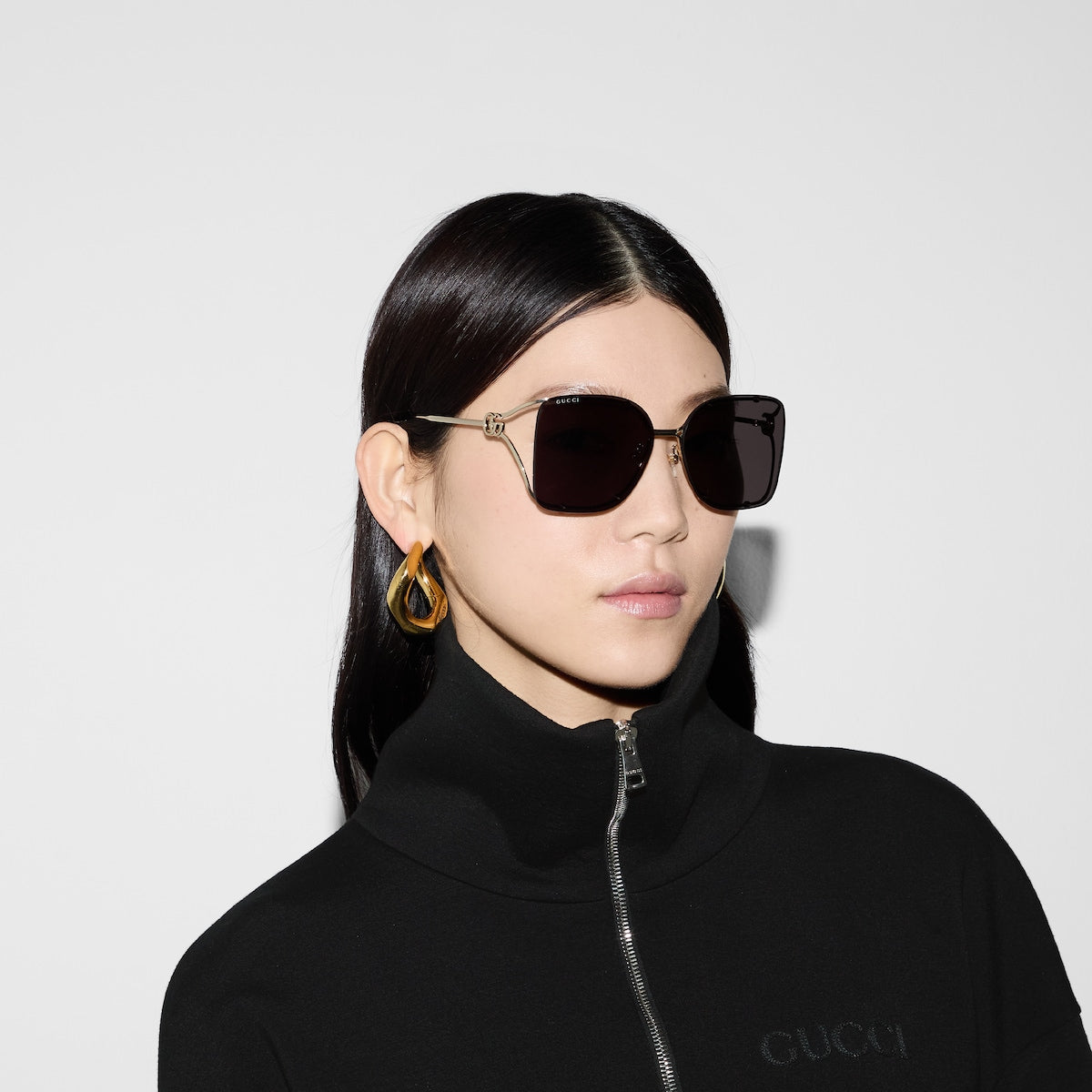Gucci Women Square Frame Shiny Gold Sunglasses