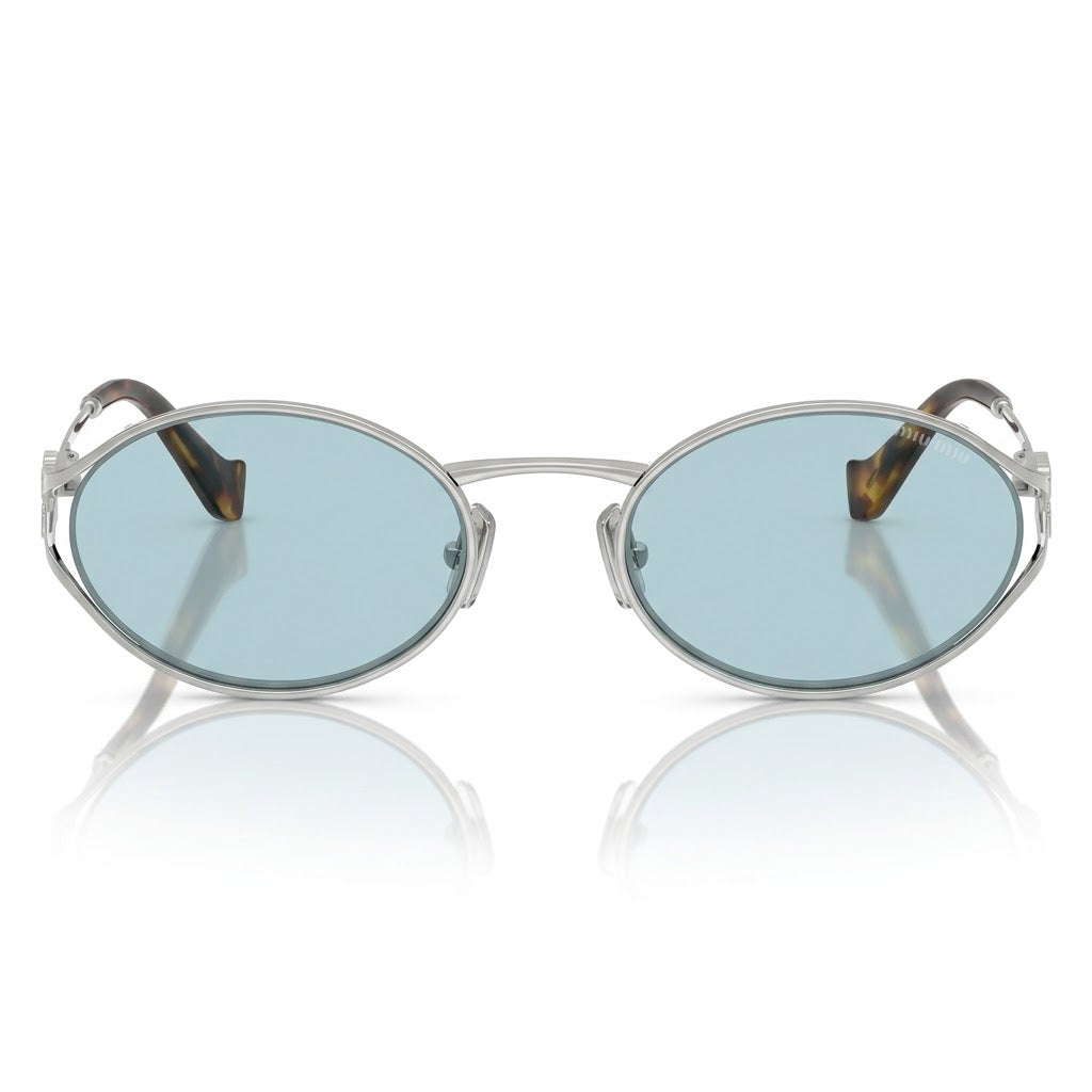 Miu Miu Women Logo Silver Oval Light Blue Sunglasses