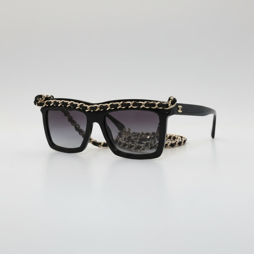 Chanel Women Rectangle Calfskin Chain Black Sunglasses