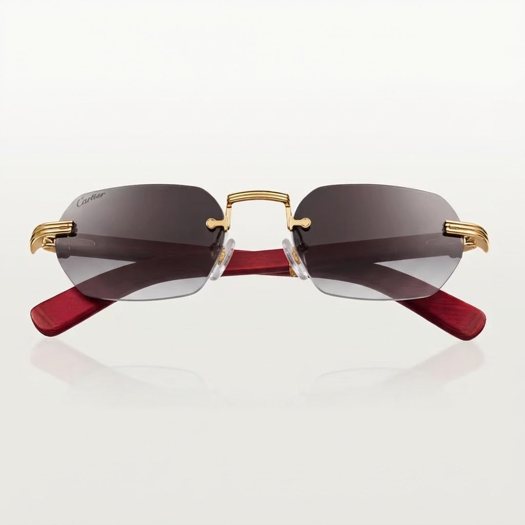 Cartier  Première de Unisex Rimless Rectangular Red Wood Temples & Grey Sunglasses